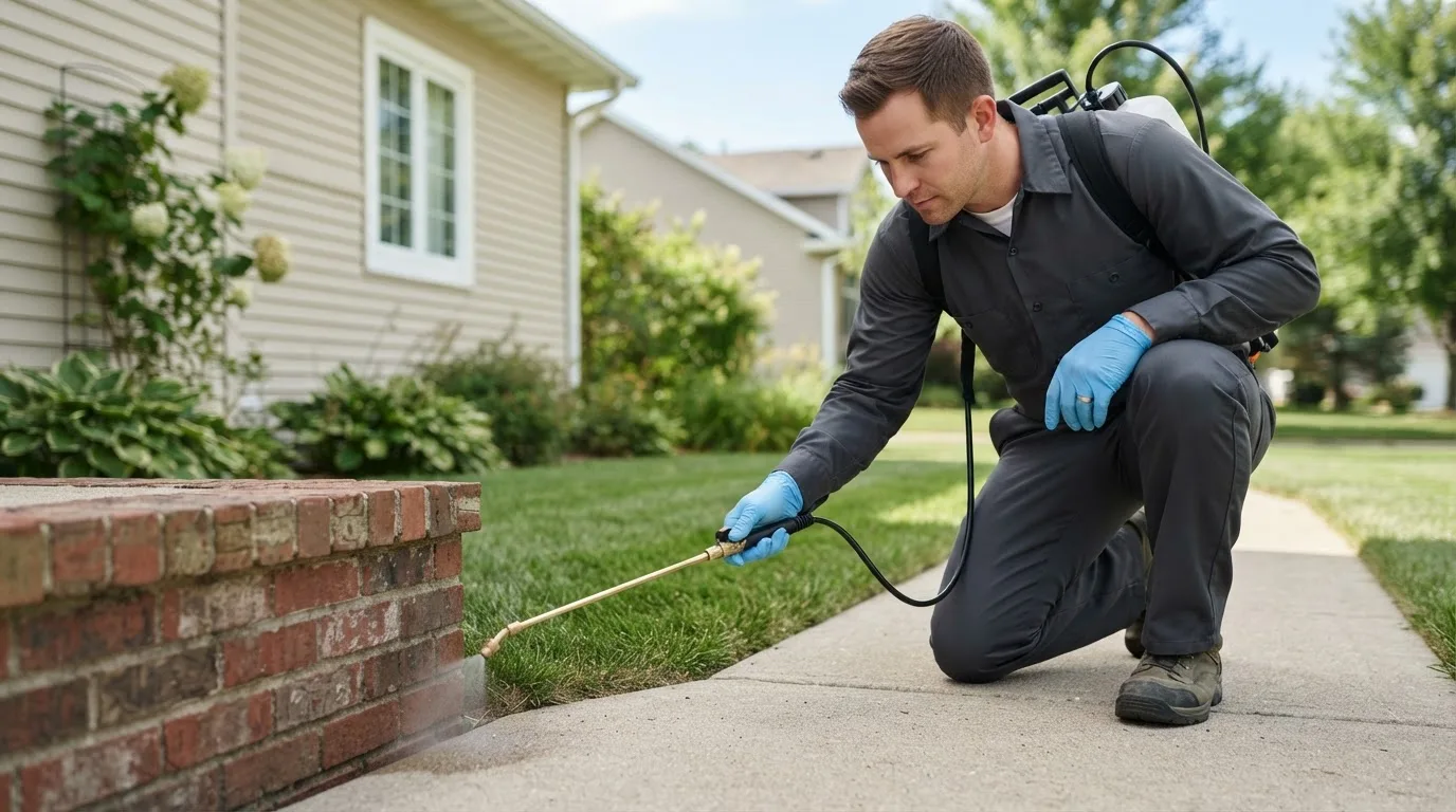 Pest control technician treating a home near Homeworth, OH