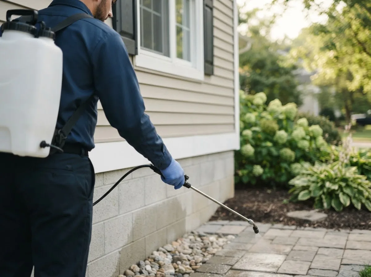 Pest control technician inspecting a home in Homeworth, OH